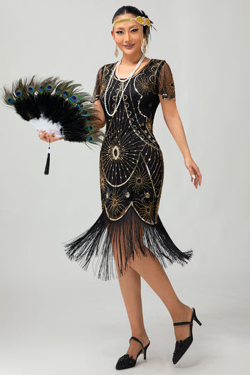 Beaded Black Golden Fringed Bodycon 1920s Dress